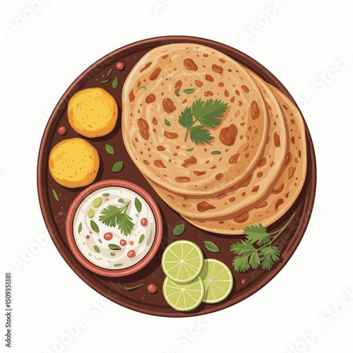 Aloo Paratha with Curd, Lemon Slices, and Makhan – Vector Illustration