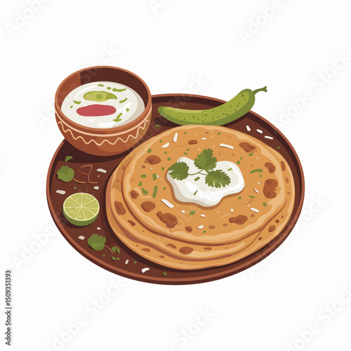 Aloo Paratha with Curd, Lemon Slices, and Makhan – Vector Illustration
