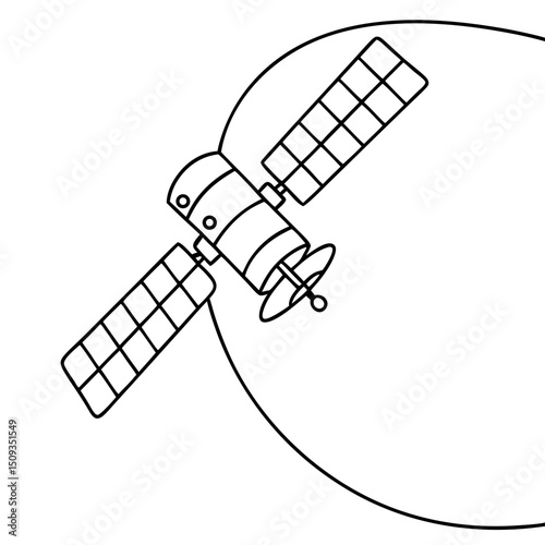 Satellite orbiting Earth, line art illustration, black and white, for educational materials