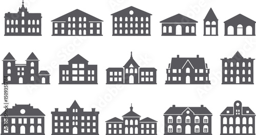 Collection of fifteen building silhouette illustrations in various architectural styles on a white background