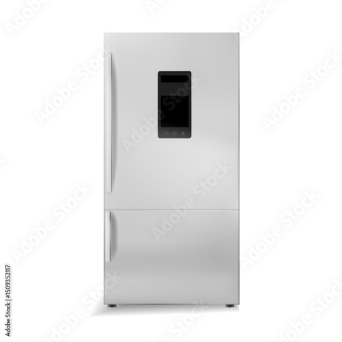 American style fridge freezer isolated on white. The external LED display, with blue glow. Modern refrigerator, stainless steel finish.