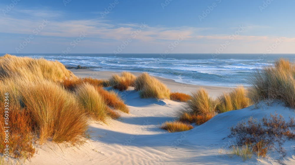 Golden grasses gently sway along the sandy dunes as the sun sets over the calm ocean waves. Soft light reflects off the water, creating a tranquil atmosphere by the beach Golden grasses gently sway along the sandy dunes as the sun sets over the calm ocean waves. Soft light reflects off the water, creating a tranquil atmosphere by the beach