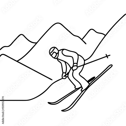 Skier downhill skiing in mountains, for sports websites