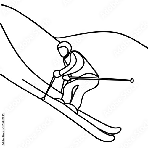 Skier descending a slope, line art illustration