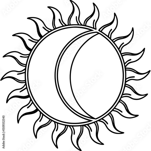 Sun and moon eclipse, line art design, black and white, for spiritual and astrological themes