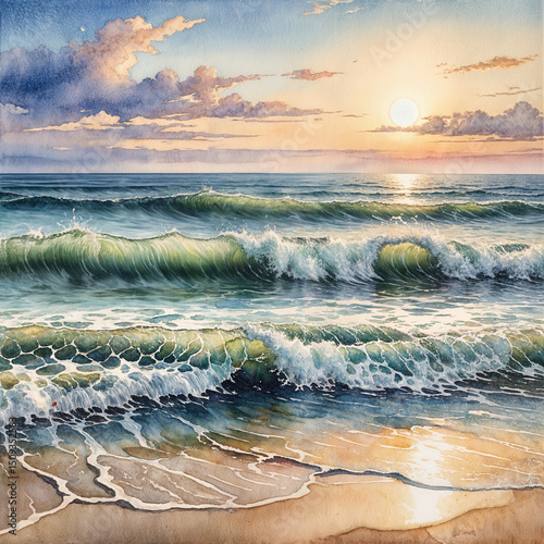 Gentle waves crash onto a sandy beach as the sun sets on the horizon, creating a serene and colorful seascape