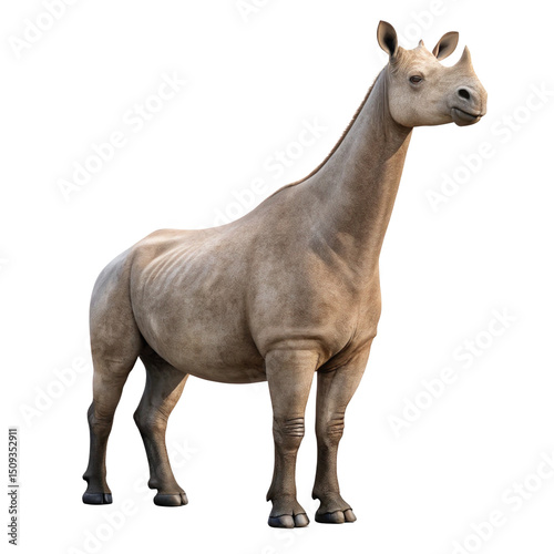 Paraceratherium, an extinct genus of hornless rhinoceros, standing majestically on a transparent background, showcasing its massive size as the largest land mammal to ever exist