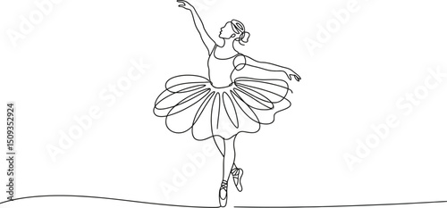 Single line drawing of a ballerina in a tutu en pointe with arms raised against a white background