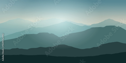 a minimalist landscape with several layers of blue mountains or hills disappearing into the distance, creating a serene and calming effect against the foggy, gradient sky.