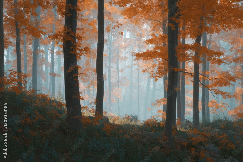 Obraz premium Vibrant autumn forest landscape revealing a serene atmosphere with golden and orange foliage in morning light