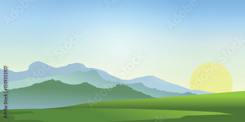 a calm landscape with silhouettes of mountains in the background. The sun is setting or rising over the mountains, coloring the sky in soft blues and yellows. Foregrounds include green hills 