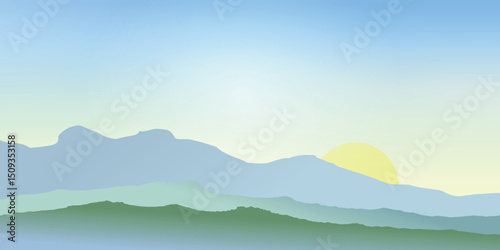 a calm landscape with silhouettes of mountains in the background. The sun is setting or rising over the mountains, coloring the sky in soft blues and yellows. Foregrounds include green hills 