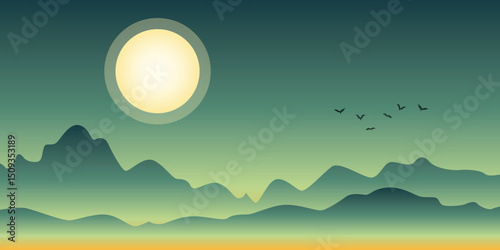 a night landscape with a full moon in a dark sky. Silhouettes of mountains are visible in the background, and a flock of birds in flight is depicted in the sky. The atmosphere looks calm and mystical.