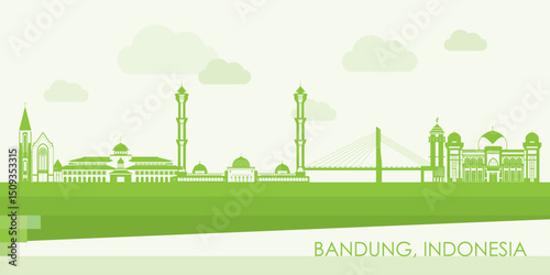 Green Skyline panorama of city of Bandung, Indonesia - vector illustration