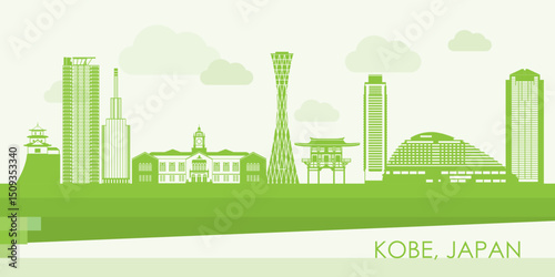 Green Skyline panorama of city of Kobe, Japan - vector illustration