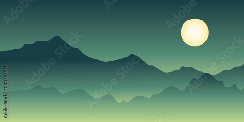 a night landscape with a full moon in a dark sky. Silhouettes of mountains are visible in the background. The atmosphere looks calm and mystical.