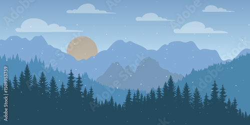 a serene landscape with mountains in the background, with a dense forest of evergreen trees, against a sky with snowflakes, a soft sun at the horizon casting a soft light, and a few scattered clouds.