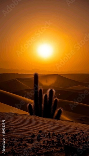 Desert scene featuring majestic sand dunes and a lone cactus at sunset silhouette