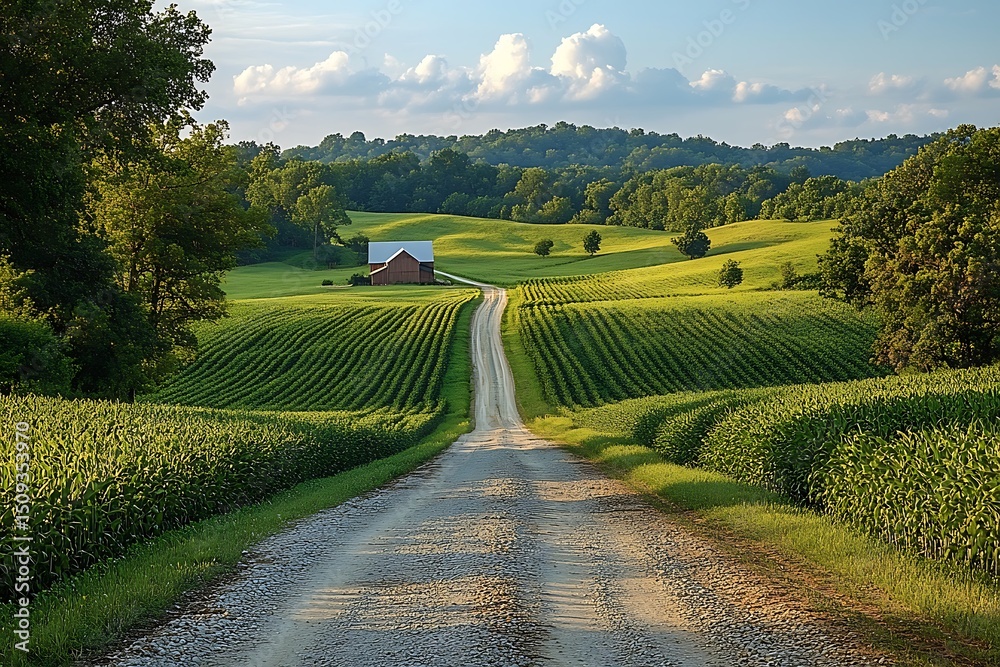 Obraz premium Long gravel driveway between lush crops high resolution picture