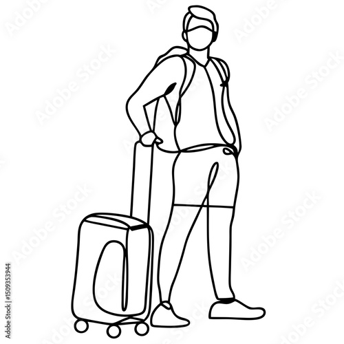 Traveler with suitcase, one line drawing, for travel blogs