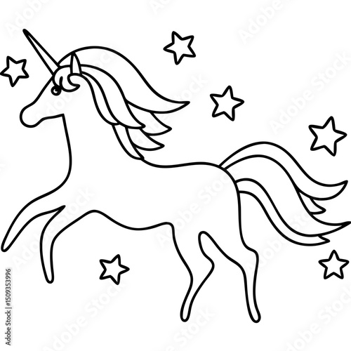 Unicorn line art with stars, for kids coloring pages
