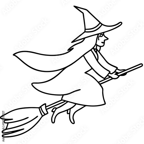 Witch flying on broomstick, line art illustration for Halloween