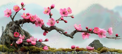A tranquil garden in spring showcasing budding trees and a lush, soft moss covered ground