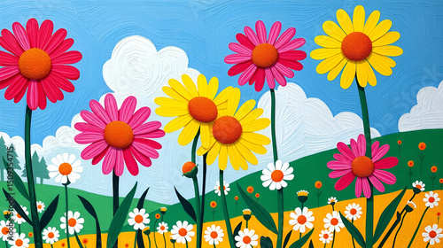 fauvist inspired scene with exaggerated, bold colors and simplified shapes of daisies and sky photo