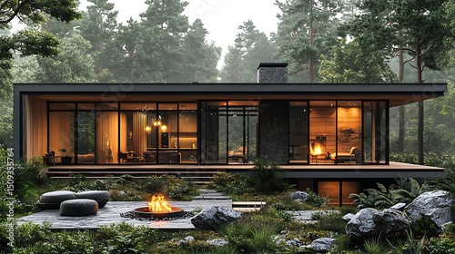 Luxury modern house evening forest view high resolution picture