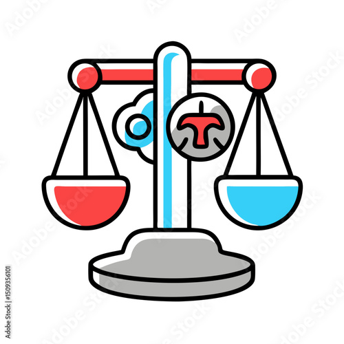 Justice scales and brain representing decision-making.