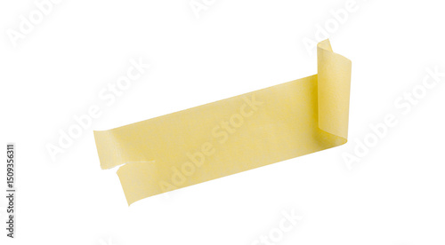Yellow painter's tape isolated on white background, macro. Torn, crumpled, twisted strips of yellow painter's tape on white background, close-up.