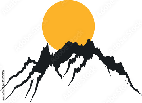Silhouette of jagged mountain range with large orange sun in background

