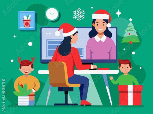 Woman celebrating Christmas on video call wearing Santa hat with holiday decorations around