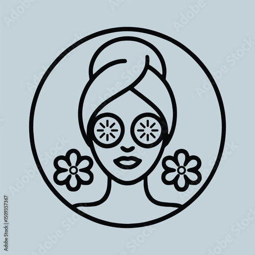 Woman with cucumber eye mask and towel on head line art