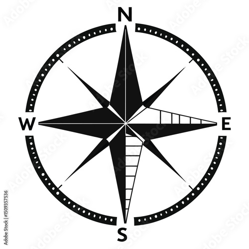 Detailed compass, north south east west directions, black and white, minimalistic, graphic design