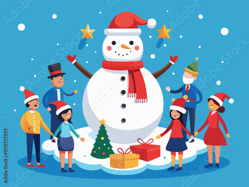 Happy friends enjoying holiday spirit with oversized snowman star topper and colorful Christmas setting