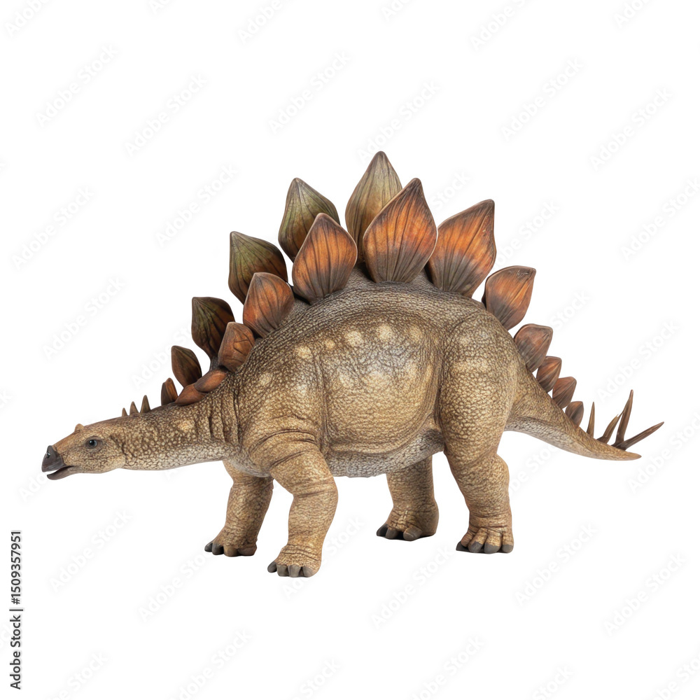 Fototapeta premium Stegosaurus, a large herbivorous dinosaur from the late jurassic period, is depicted walking with its distinctive plates and spikes, isolated on a transparent background