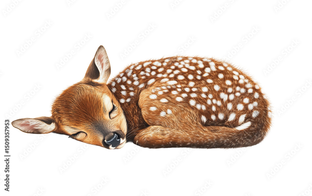 Obraz premium Young fawn resting quietly with delicate brown spotted coat in a serene setting isolated on transparent background PNG