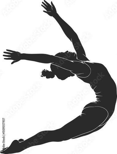 Silhouette of female gymnast performing a dynamic split leap

