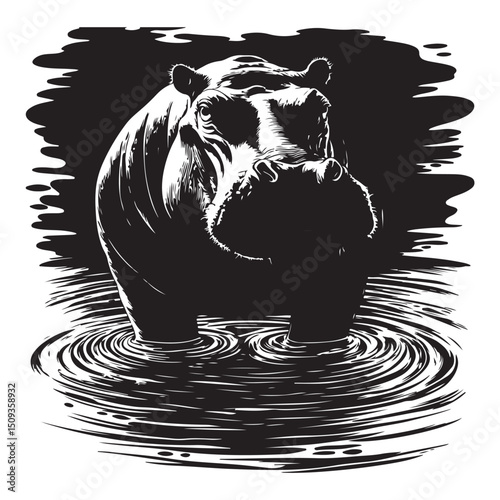 Silhouette of Hippopotamus in water Vector illustration