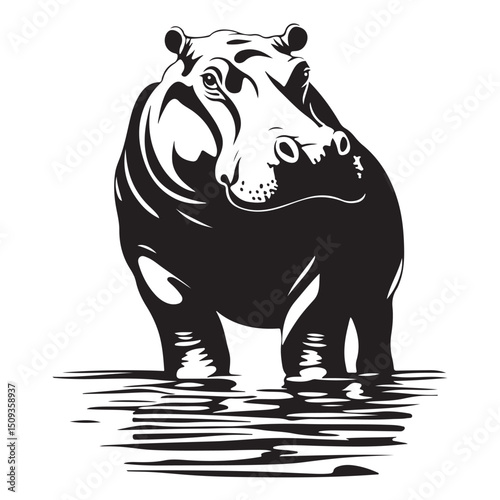 Silhouette of Hippopotamus in water Vector illustration