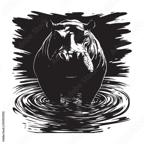 Silhouette of Hippopotamus in water Vector illustration