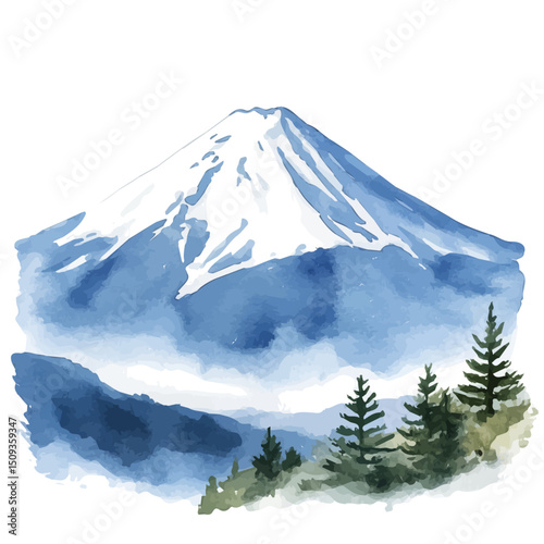 Mount Fuji, watercolor clipart vector, high quality, isolated on a white background.