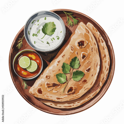 Aloo Paratha with Curd and Pickle – Watercolor Style