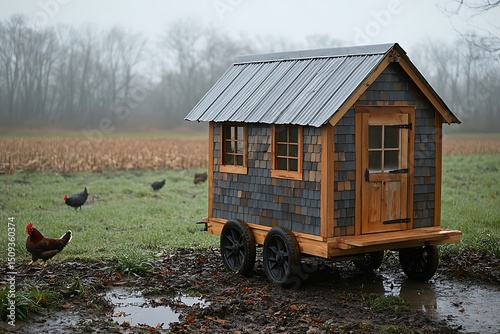 Mobile chicken coop under cloudy sky high resolution picture