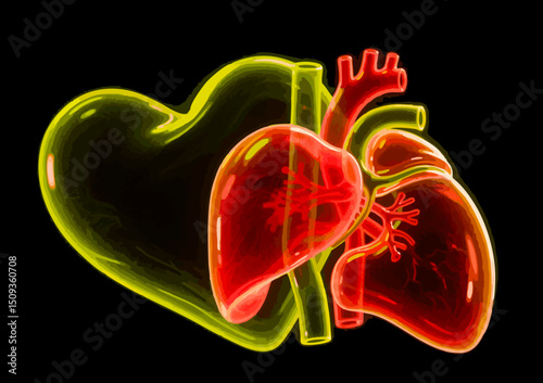 Digital Illustration of Liver and Heart in Glowing Neon Design