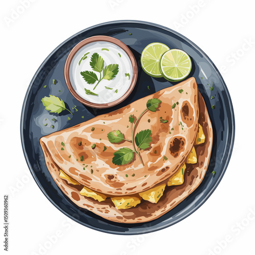 Aloo Paratha with Curd and Pickle – Watercolor Style