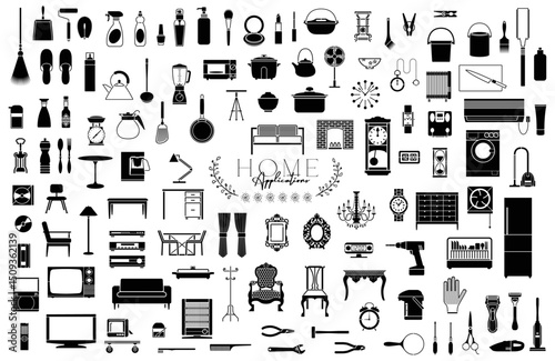 Home appliances silhouette collection pack: A comprehensive collection of home goods vector icons, showcasing a variety of household items & furniture in a simple, black and white design