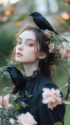 Woman in garden with birds and flowers