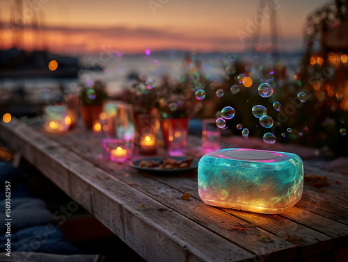 Futuristic smart speaker with holographic projections on minimalist summer picnic table setup, near a fountain or stream with bobbing bubbles, soft lighting and silhouettes of boats aga - AI-Generated photo